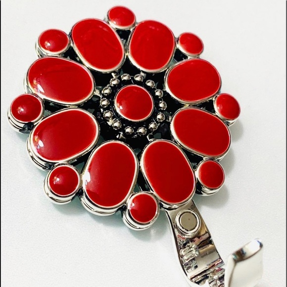 Premier Designs Reversable Enamel Pendant Teal Blue Red Flower - Picture 4 of 11